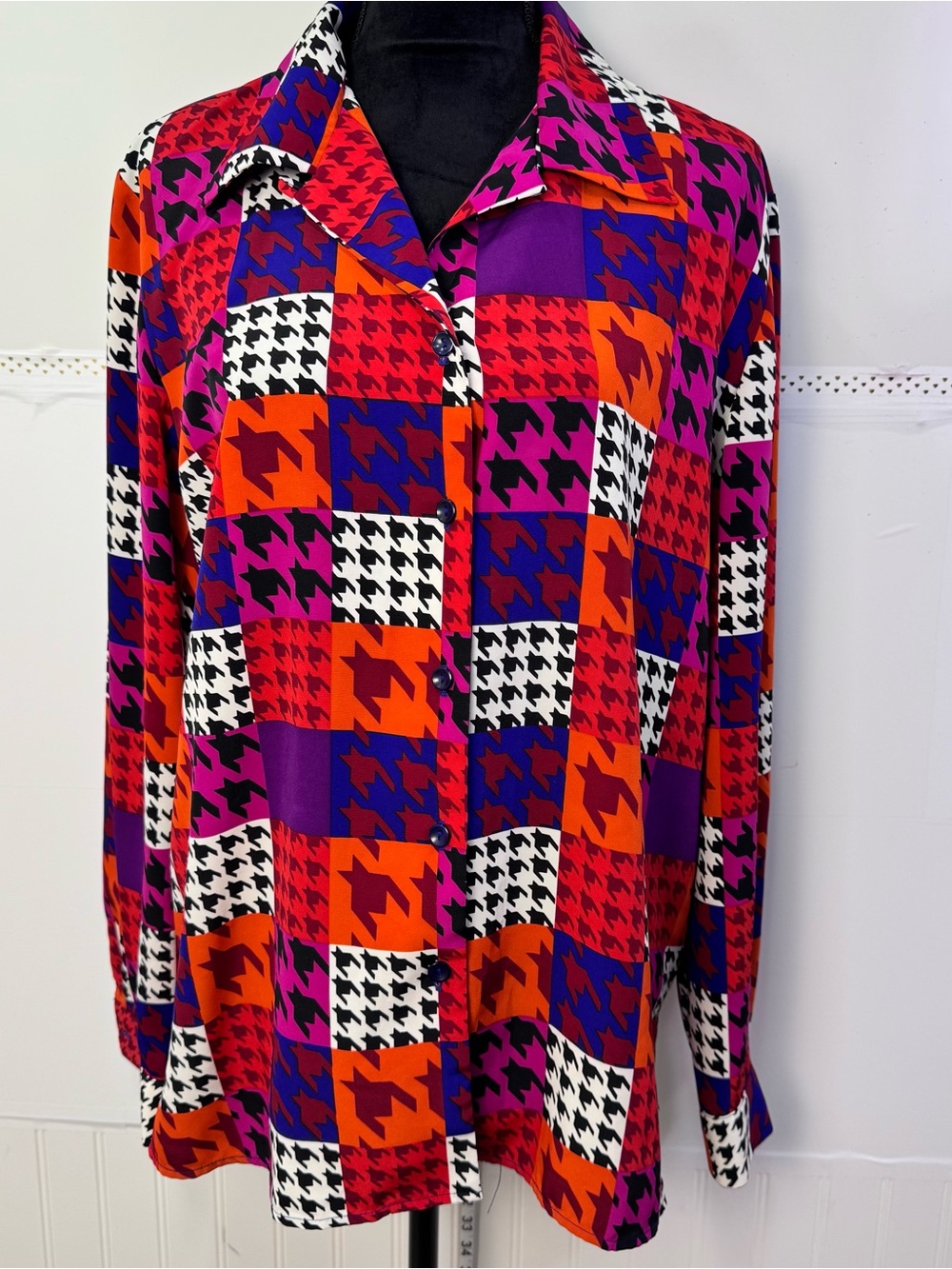 Vintage Joan Leslie Geometric Houndstooth Patchwork Button Up Blouse 16 USA